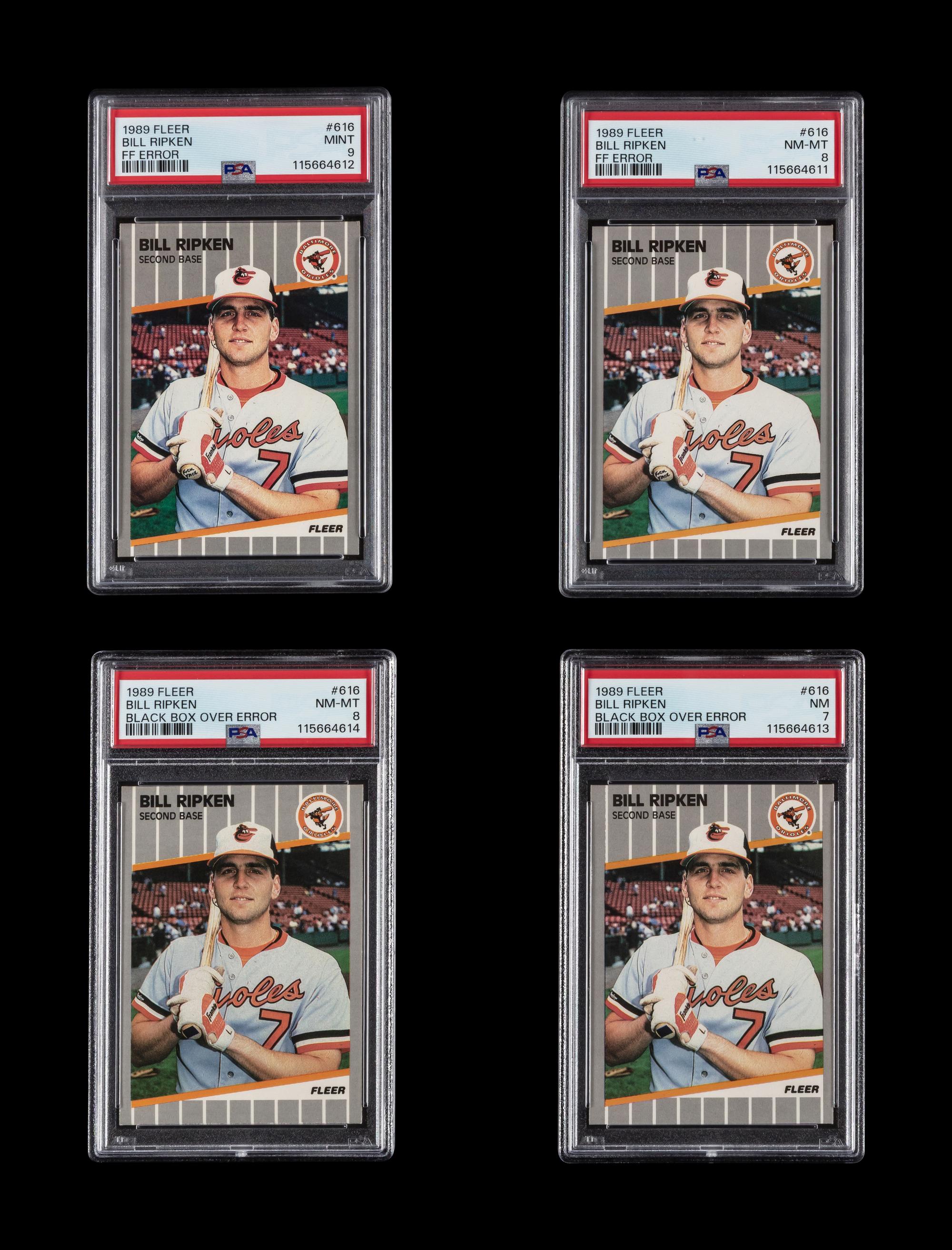 A Collection of 1989 Fleer Billy Ripken FF Error Cards (PSA 9 and PSA 8) and Black Box Over Error Cards (PSA 8 and PSA 7)