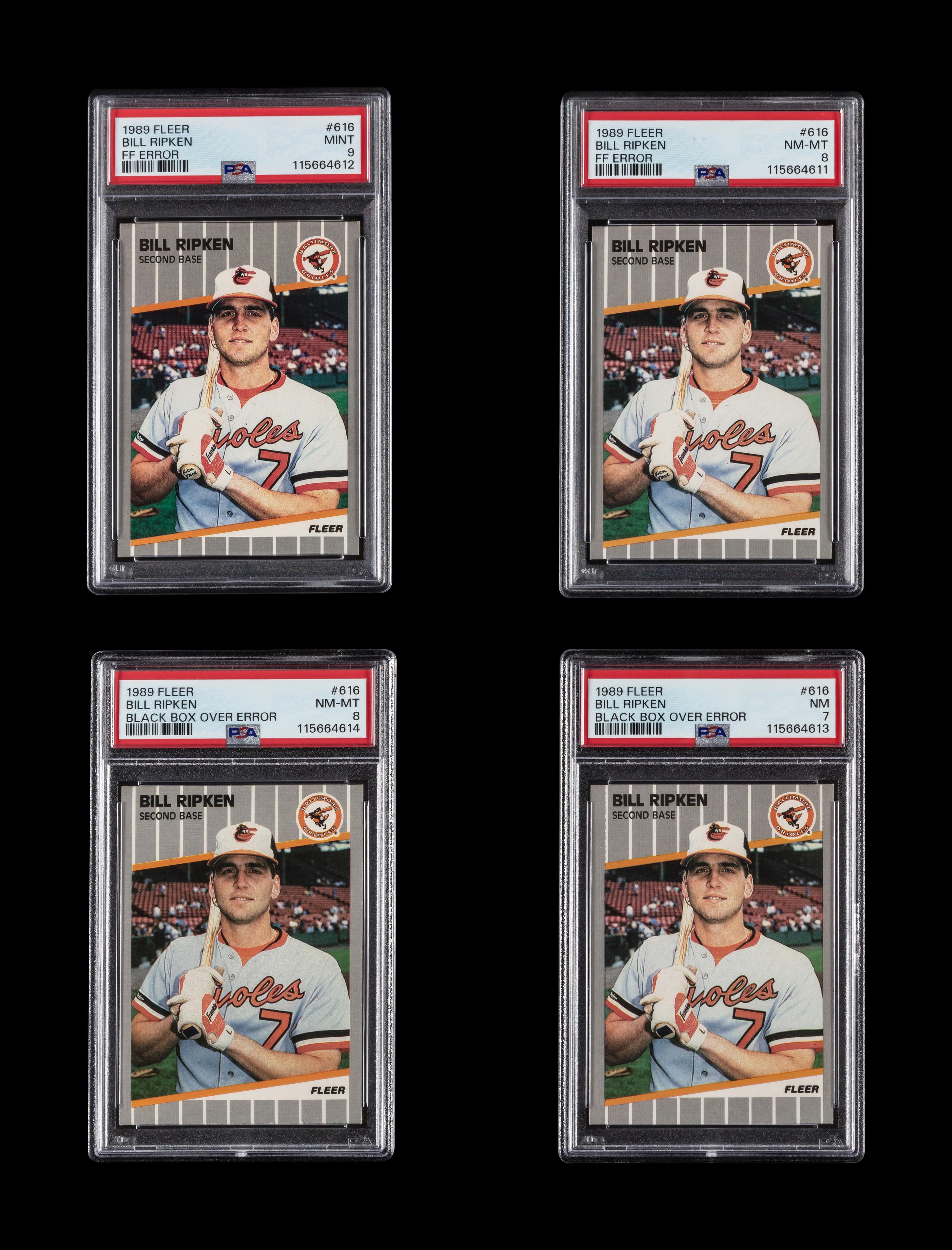 A Collection of 1989 Fleer Billy Ripken FF Error Cards (PSA 9 and PSA 8) and Black Box Over Error Cards (PSA 8 and PSA 7)