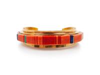 Gold, Coral, Turquoise, and Lapis Inlay Cuff Bracelet