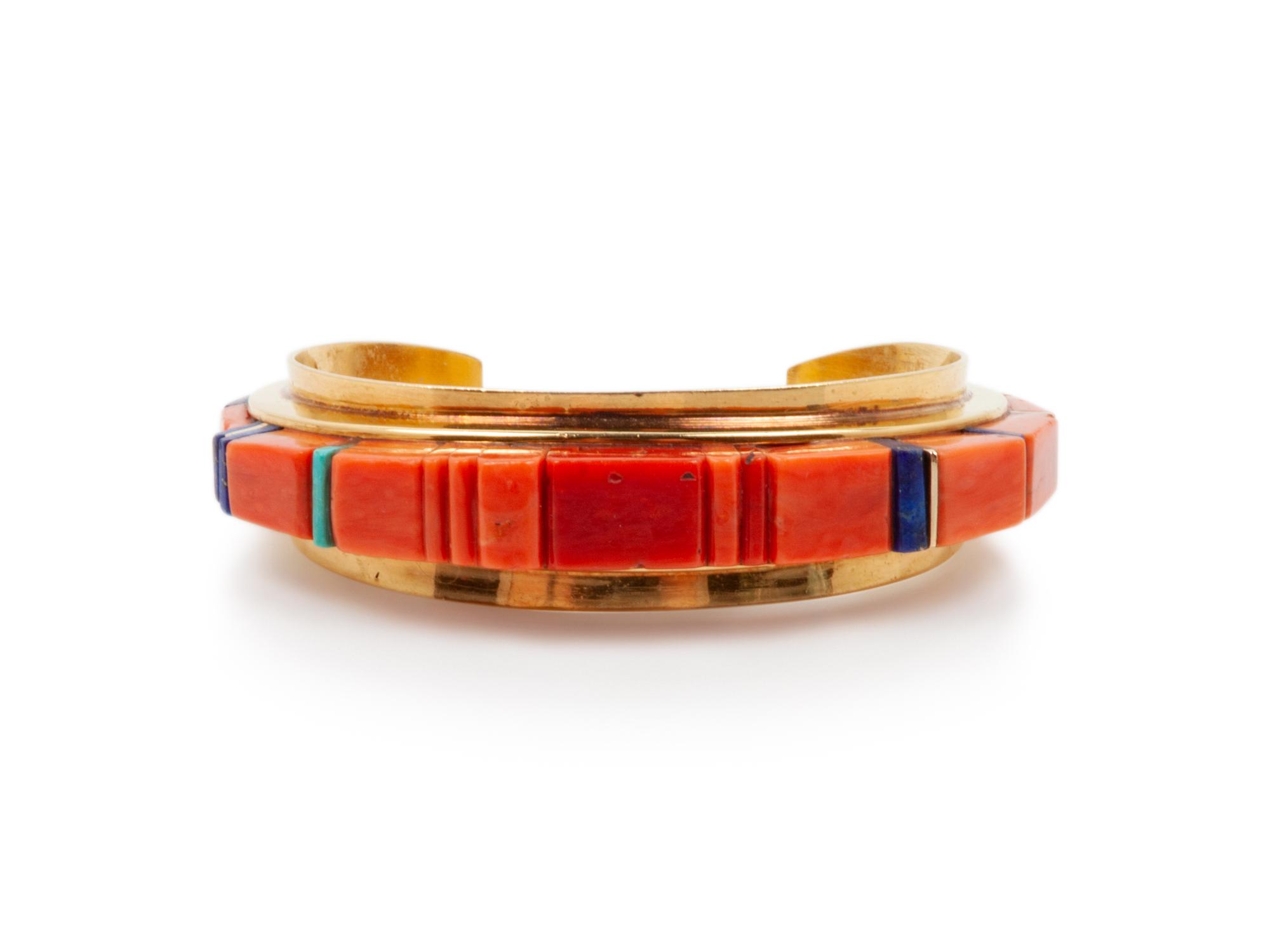 Gold, Coral, Turquoise, and Lapis Inlay Cuff Bracelet