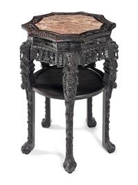 A Chinese Carved Hardwood Marble-Inset Side Table, 19th Century 清晚期 硬木嵌理石面花几