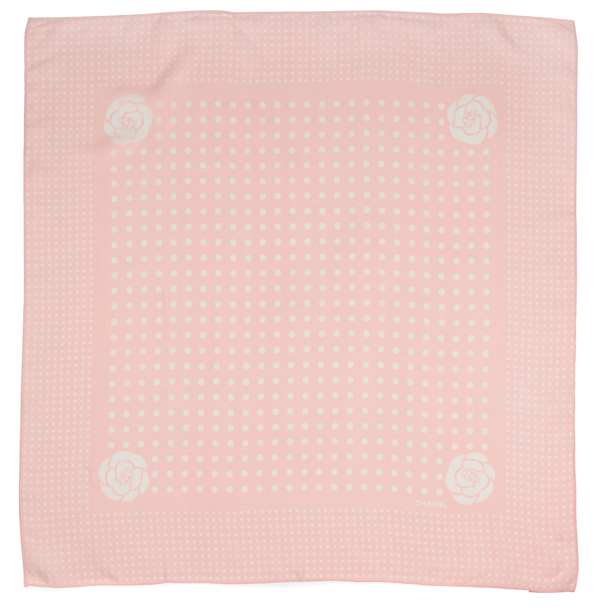 A Chanel Pink and White Silk Scarf, 34" x 34".