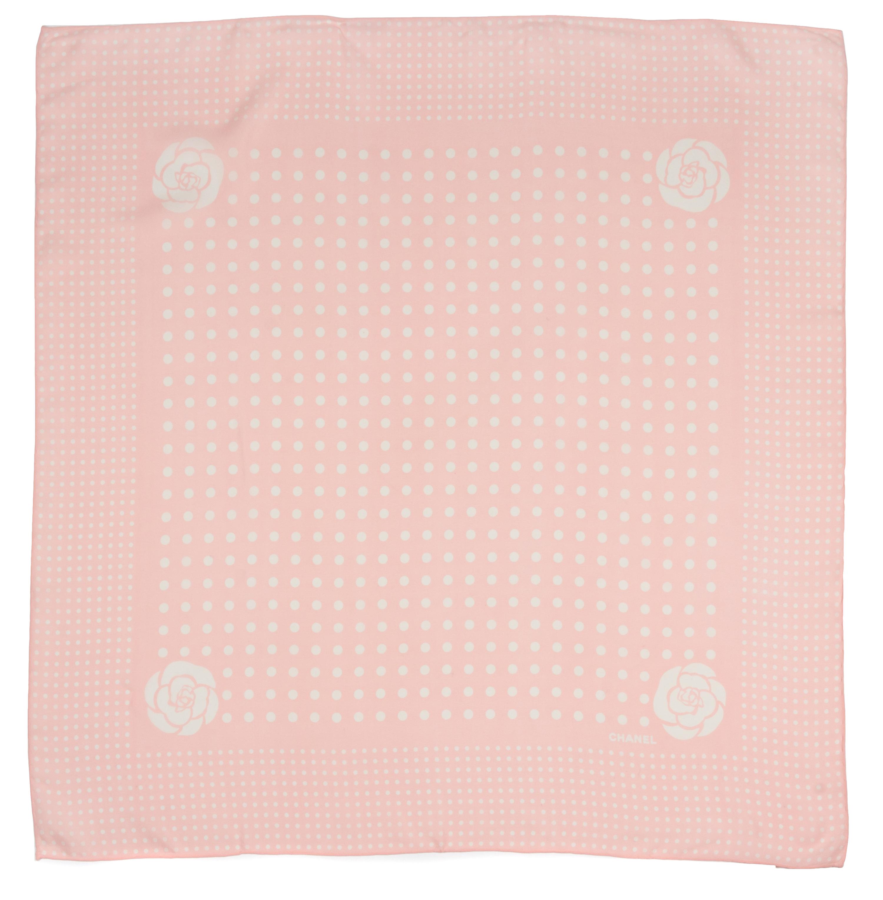 A Chanel Pink and White Silk Scarf, 34" x 34".
