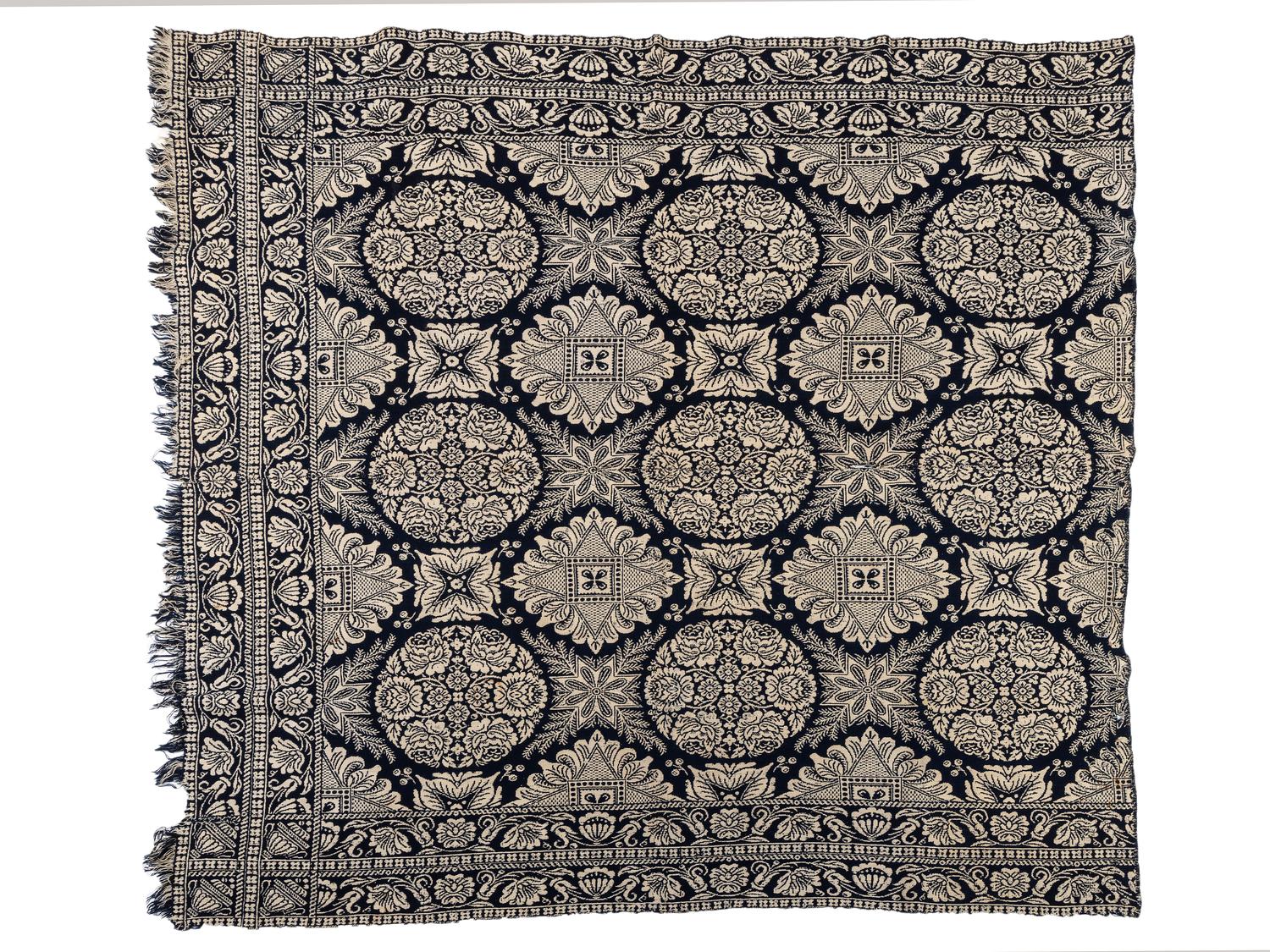 A Blue and White Double Rose Pattern Jacquard Woven Coverlet