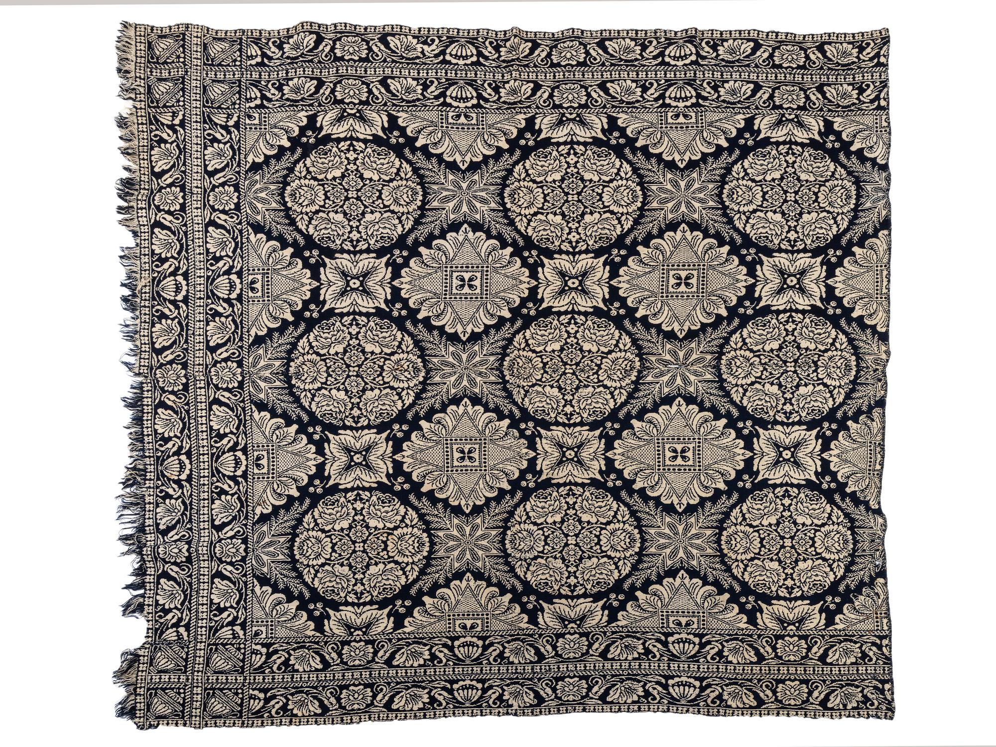 A Blue and White Double Rose Pattern Jacquard Woven Coverlet