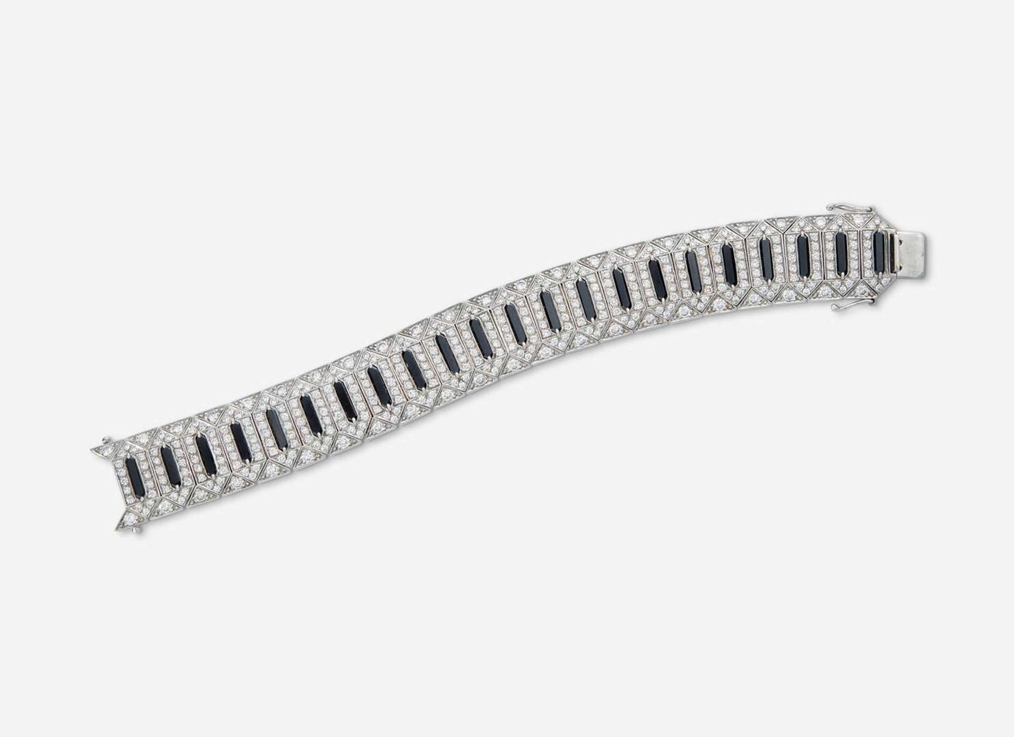 A 14K White Gold, Onyx, and Diamond Bracelet