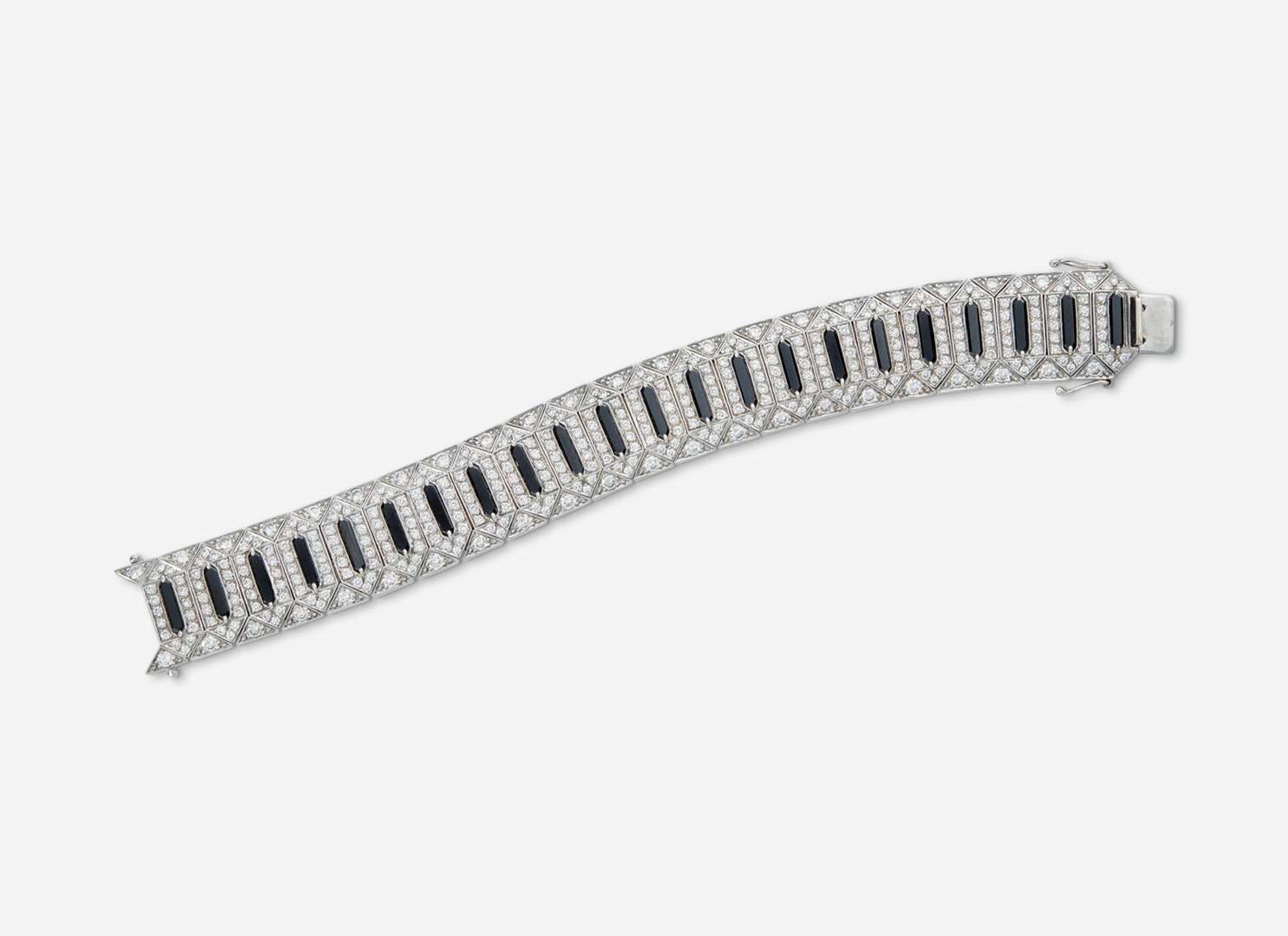 A 14K White Gold, Onyx, and Diamond Bracelet