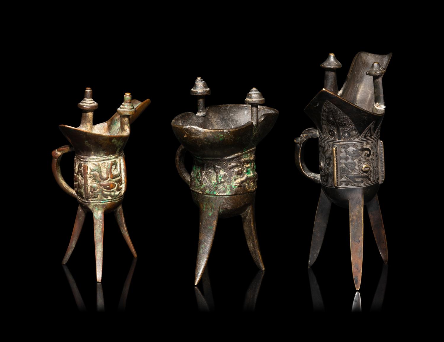 Three Chinese Archaistic Bronze Jue Drinking Cups