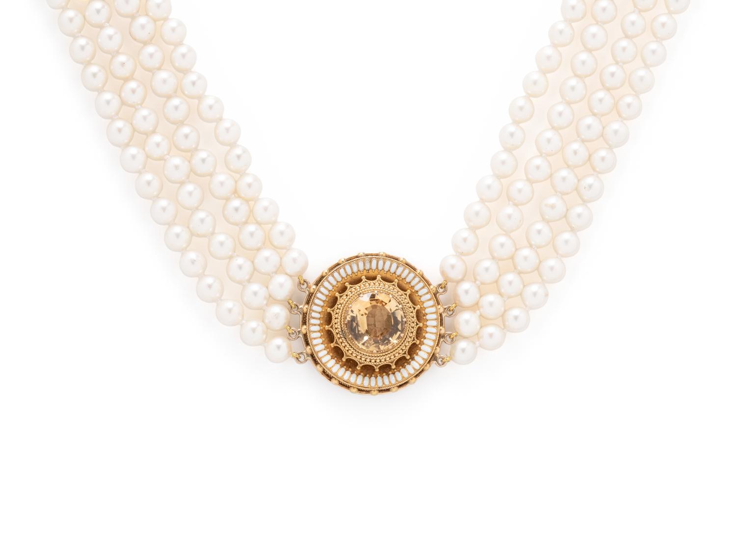 MULTISTRAND CULTURED PEARL, TOPAZ, AND ENAMEL NECKLACE