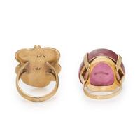 TWO YELLOW GOLD RINGS WITH PINK TOURMALINE AND TURQUOISE