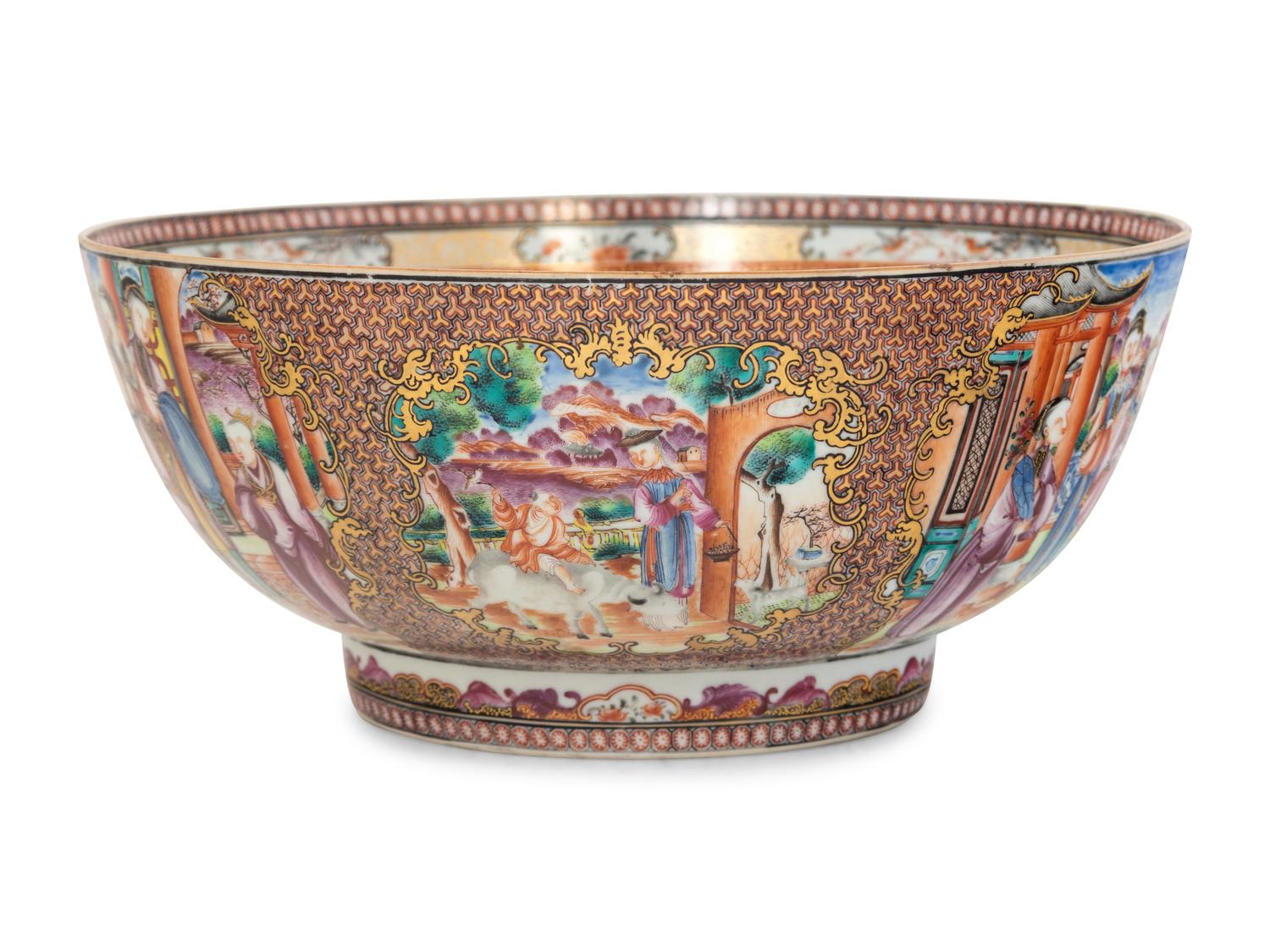 A Chinese Export Mandarin Palette Porcelain Punch Bowl