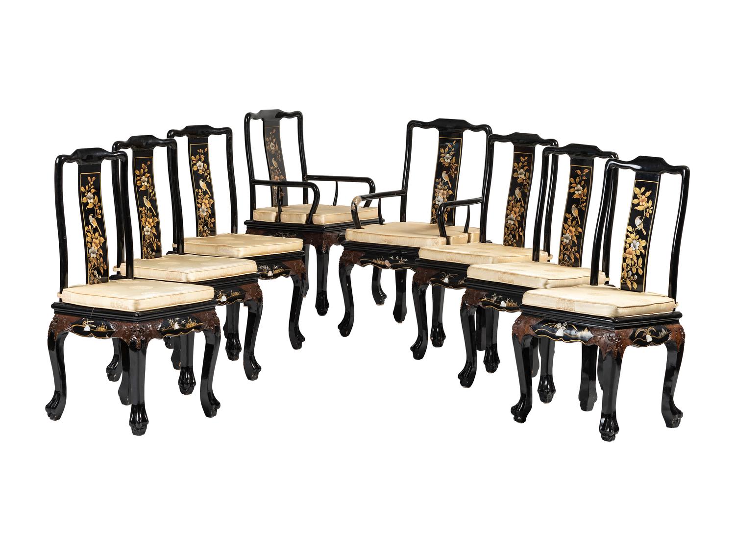 Eight Gilt and Black Lacquer Dining Chairs in the Chinese Taste