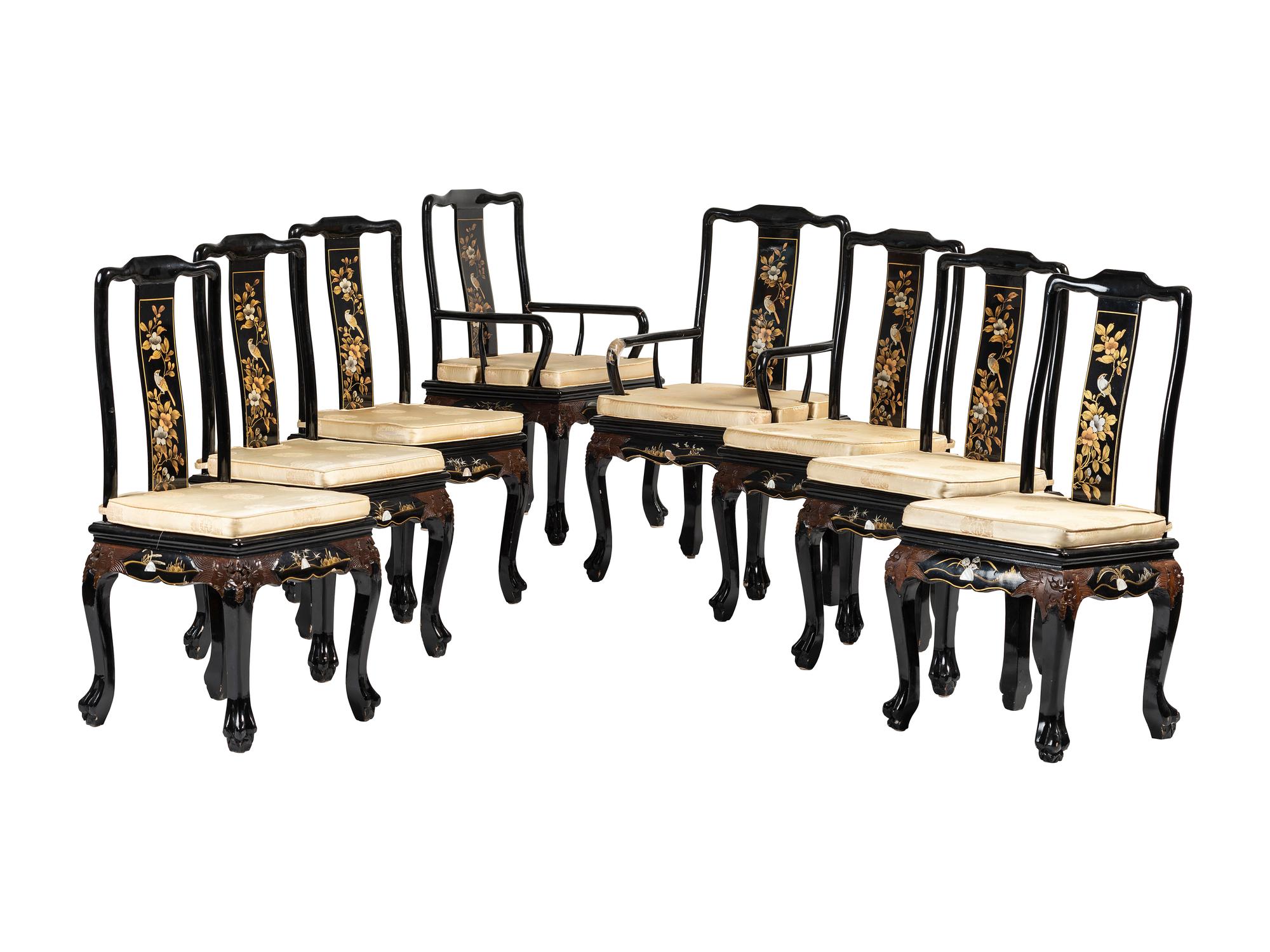 Eight Gilt and Black Lacquer Dining Chairs in the Chinese Taste