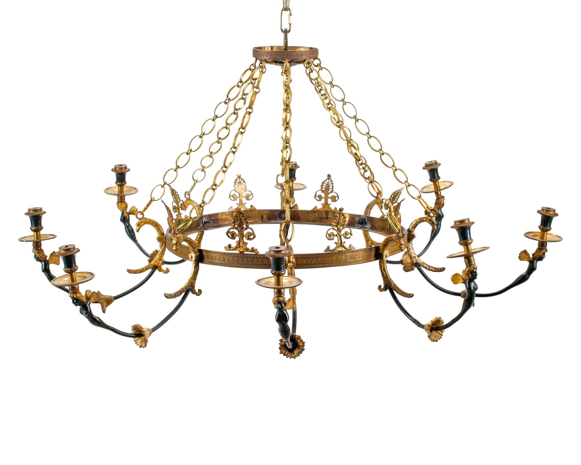 A French Neoclassical Style Gilt and Patinated Metal Eight-Light Chandelier