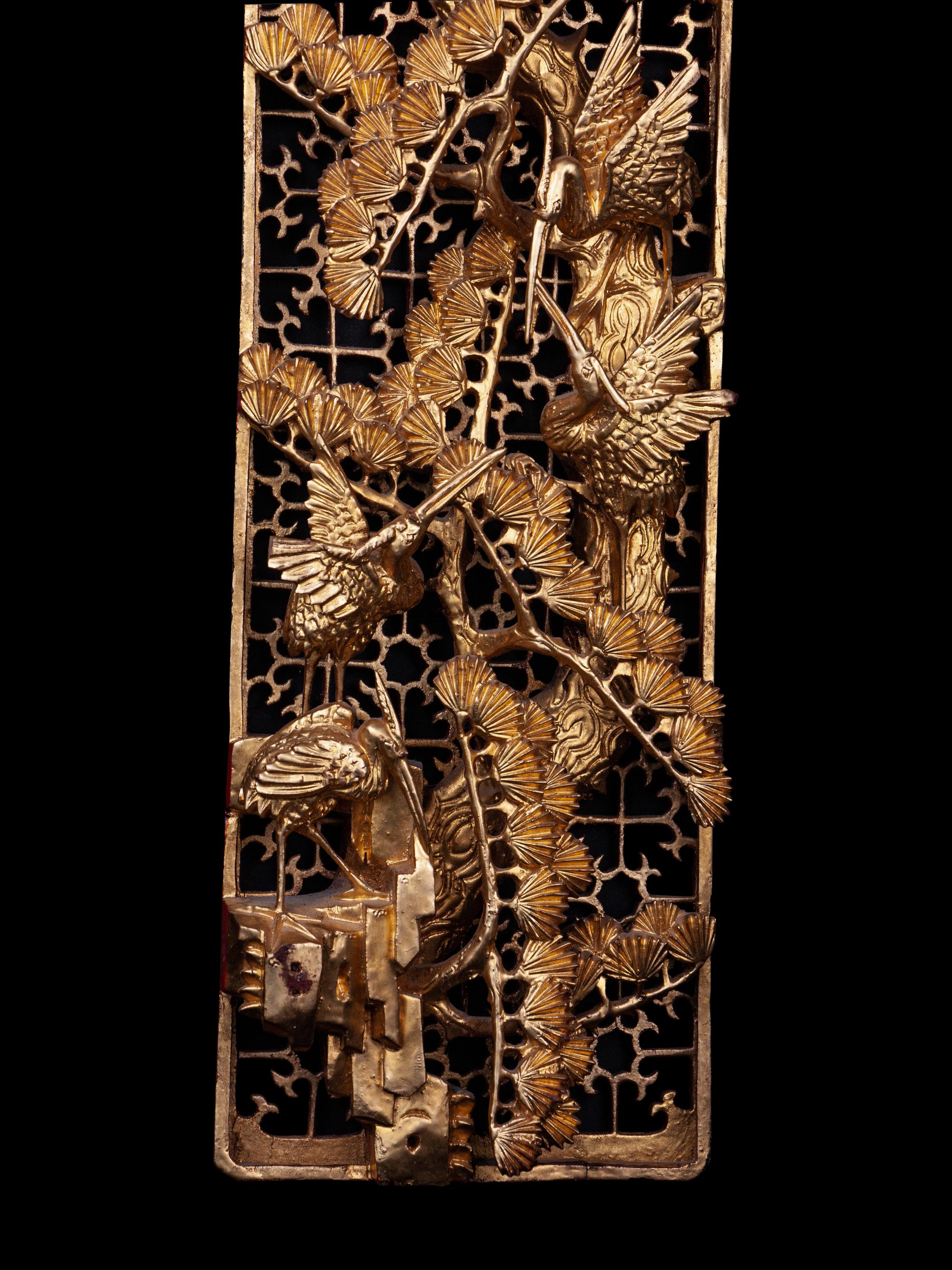 Two Chinese Gilt and Red Lacquered Wood Panels