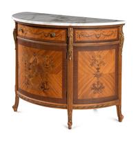 An Adam Style Satinwood and Marquetry Marble-Top Demilune Cabinet