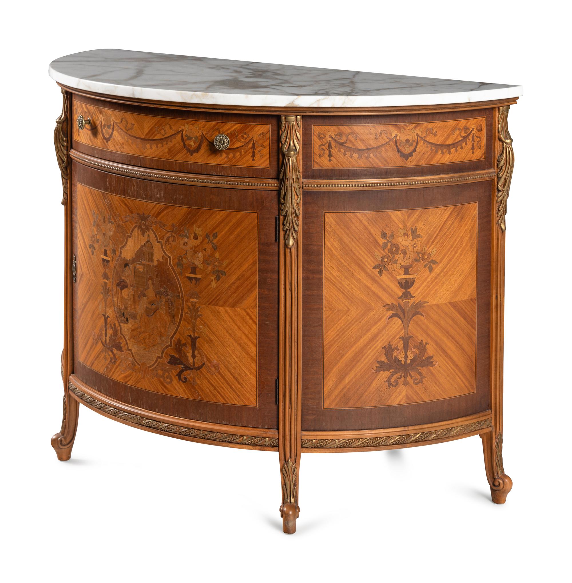 An Adam Style Satinwood and Marquetry Marble-Top Demilune Cabinet