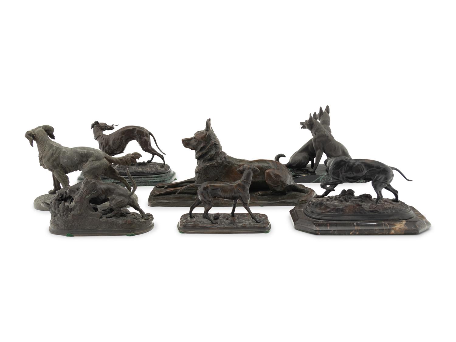 A Group of Seven French Bronze and Patinated Metal Animalier Groups