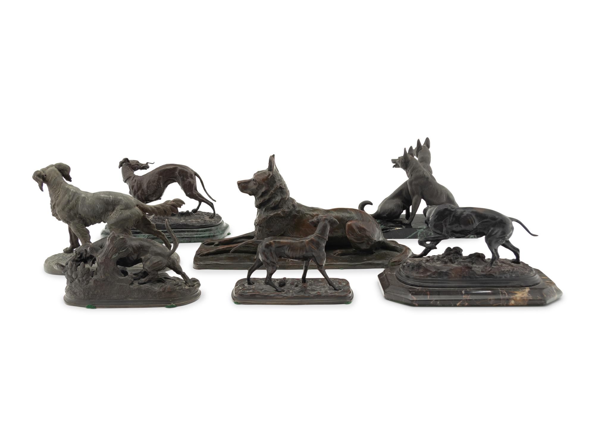 A Group of Seven French Bronze and Patinated Metal Animalier Groups
