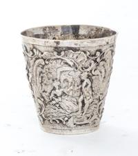 A German Silver Beaker, Georg Roth & Co., Hanau, worked to show scenes of courting couples with C-scroll and foliate decorated borders.