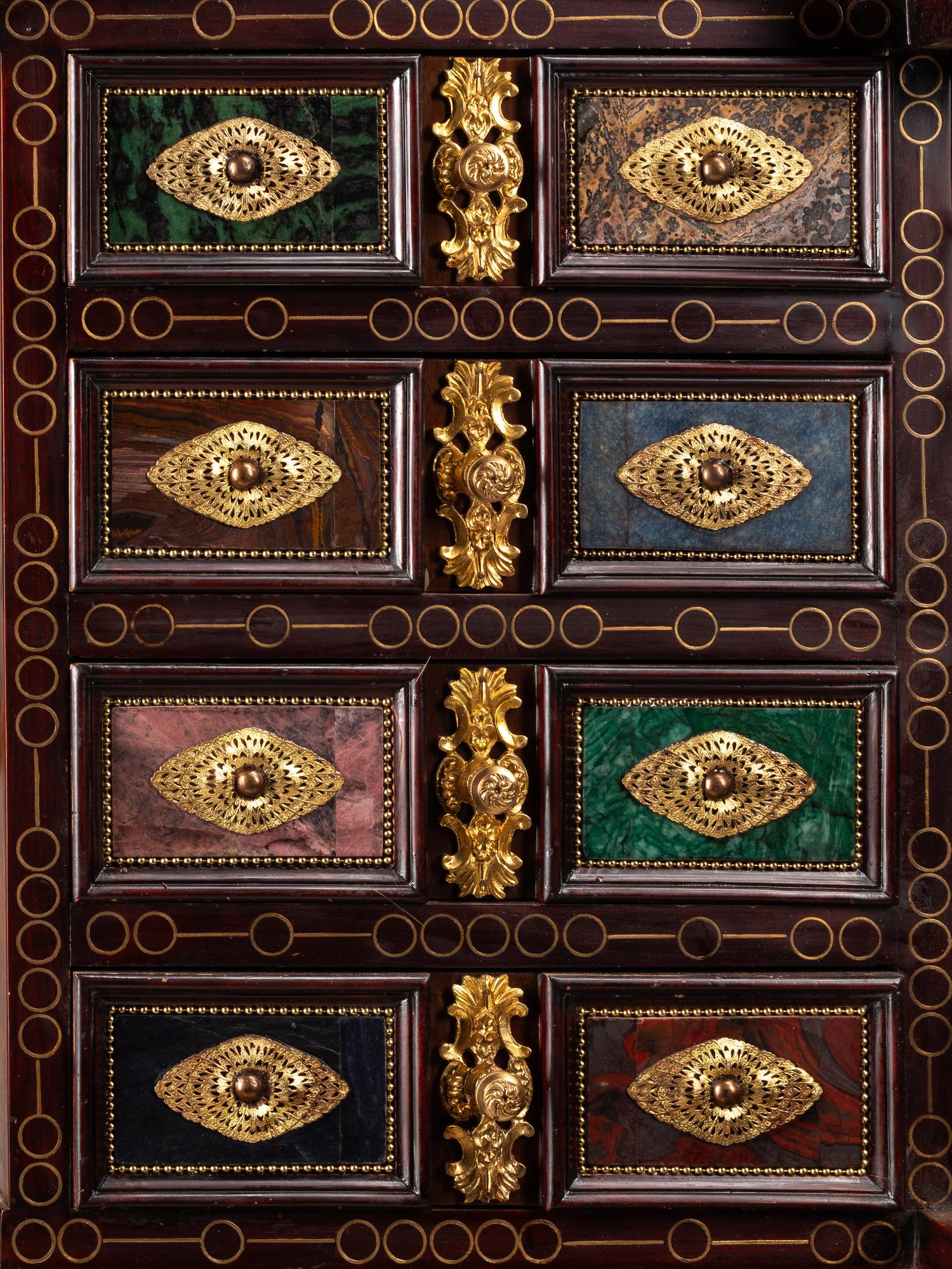 A Flemish Baroque Style Gilt Bronze Mounted Marquetry and Specimen Semi-Precious Stone Collector’s Cabinet on Stand