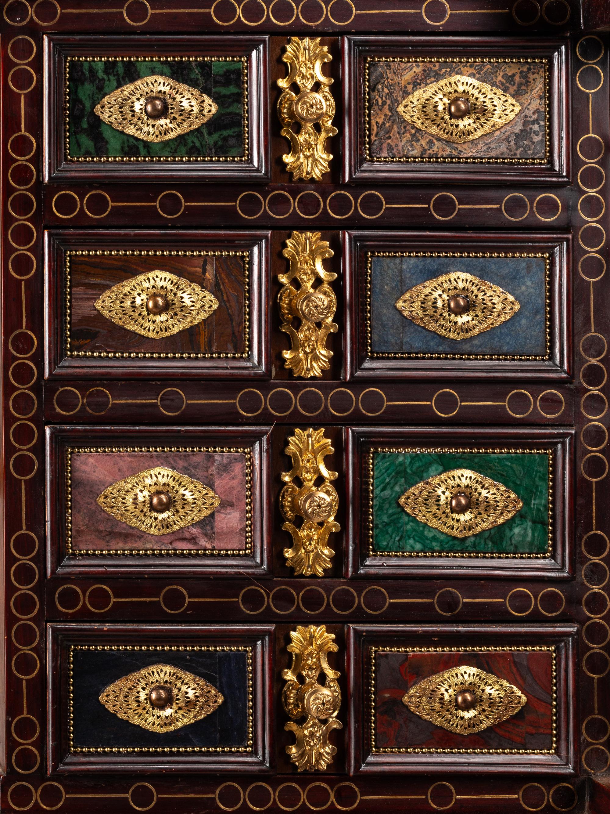 A Flemish Baroque Style Gilt Bronze Mounted Marquetry and Specimen Semi-Precious Stone Collector’s Cabinet on Stand