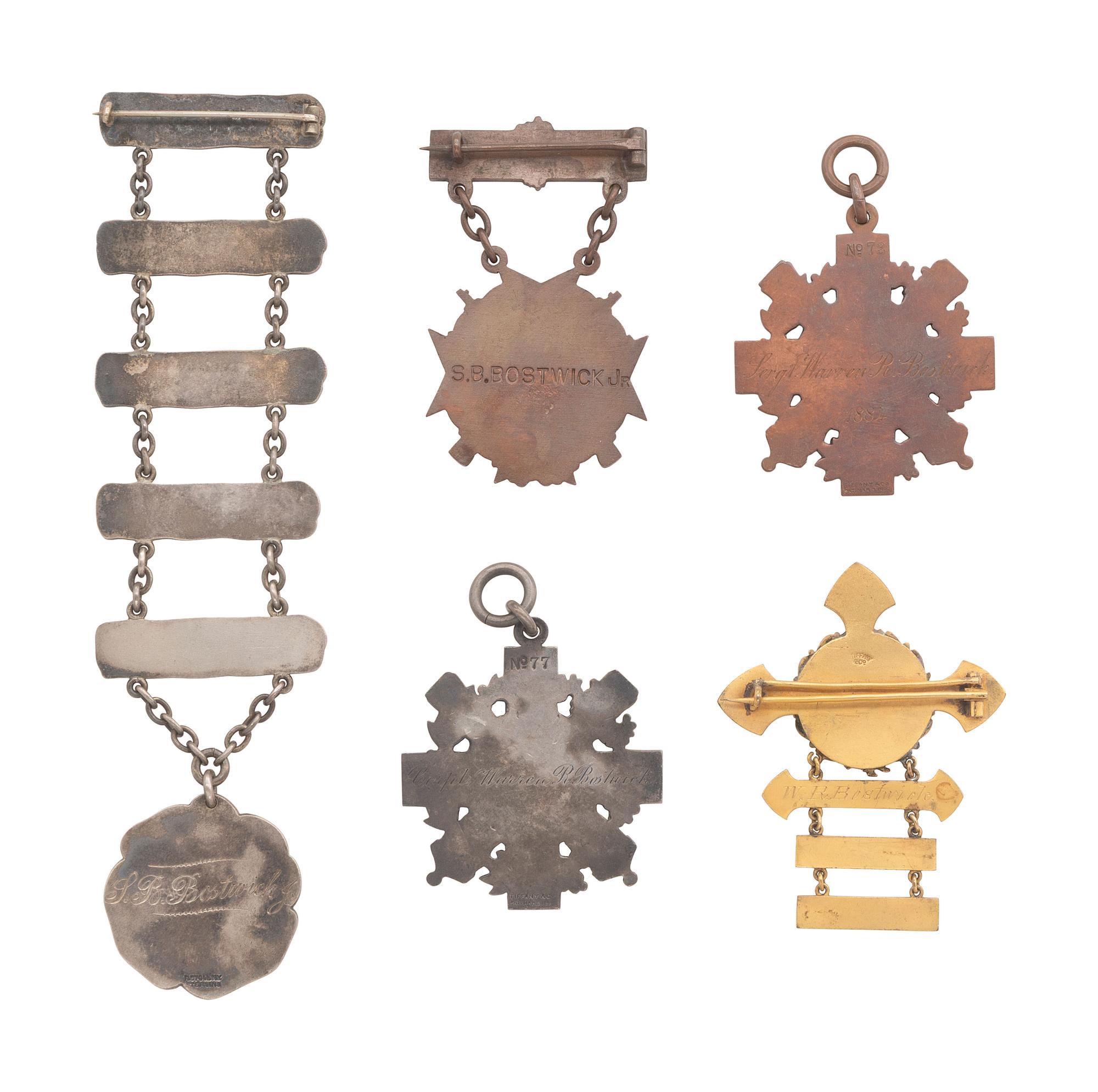 [MILITARIA]. 5 7th NY National Guard medals identified to W. and S. Bostwick, incl. Tiffany medals.