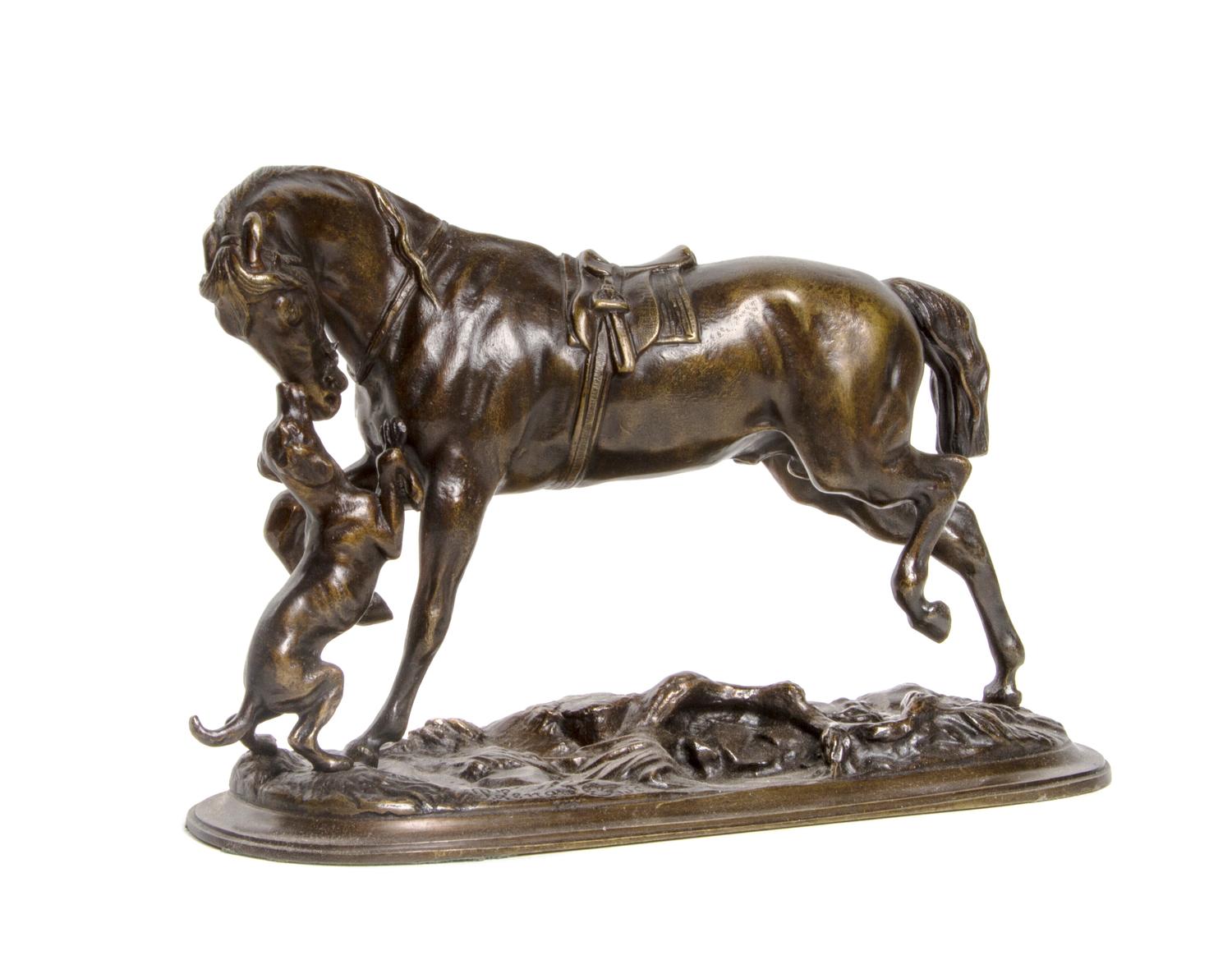 A French Patinated Bronze Equestrian Figure, Pierre Lenardez, Width 11 inches.