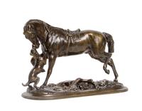 A French Patinated Bronze Equestrian Figure, Pierre Lenardez, Width 11 inches.