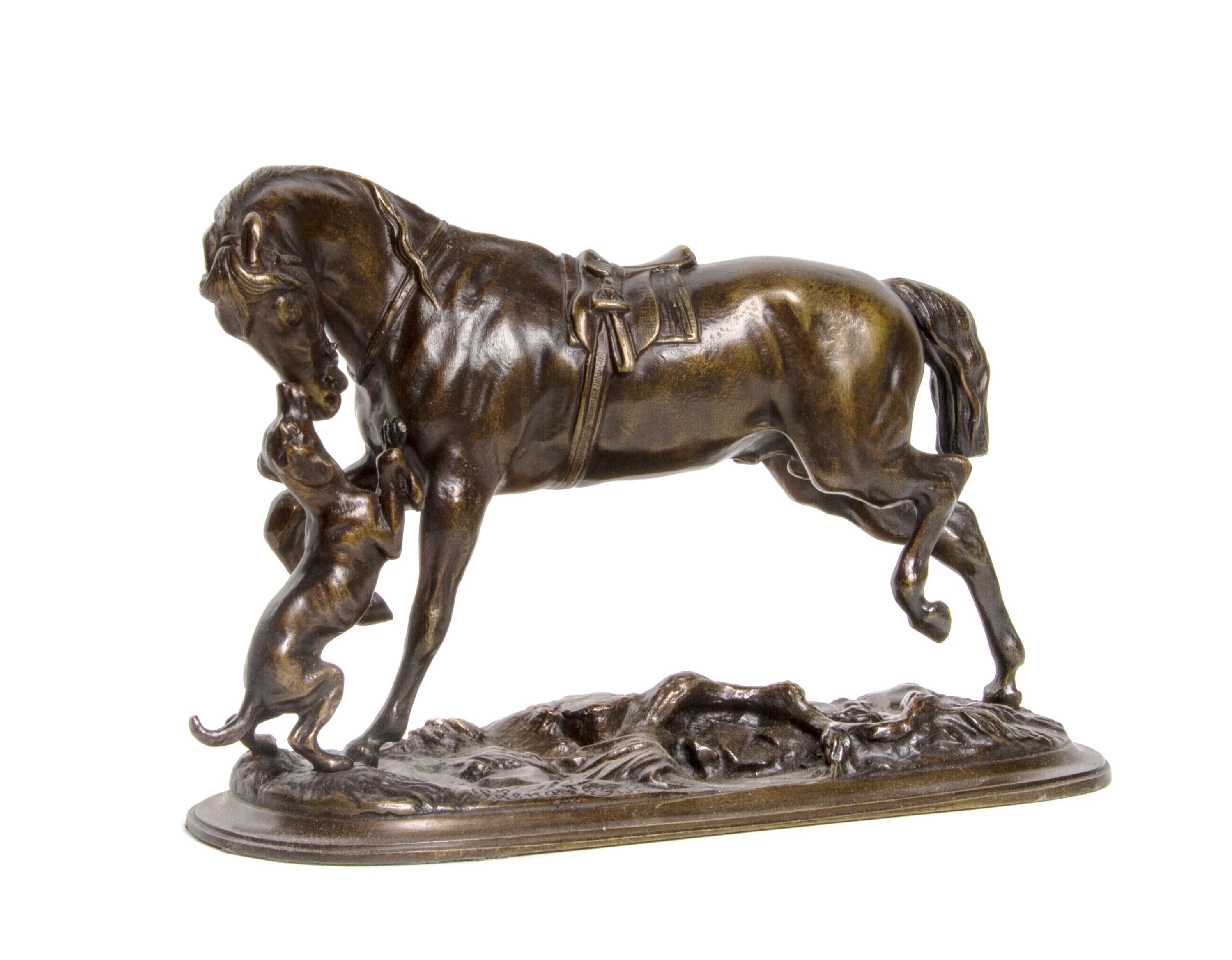 A French Patinated Bronze Equestrian Figure, Pierre Lenardez, Width 11 inches.
