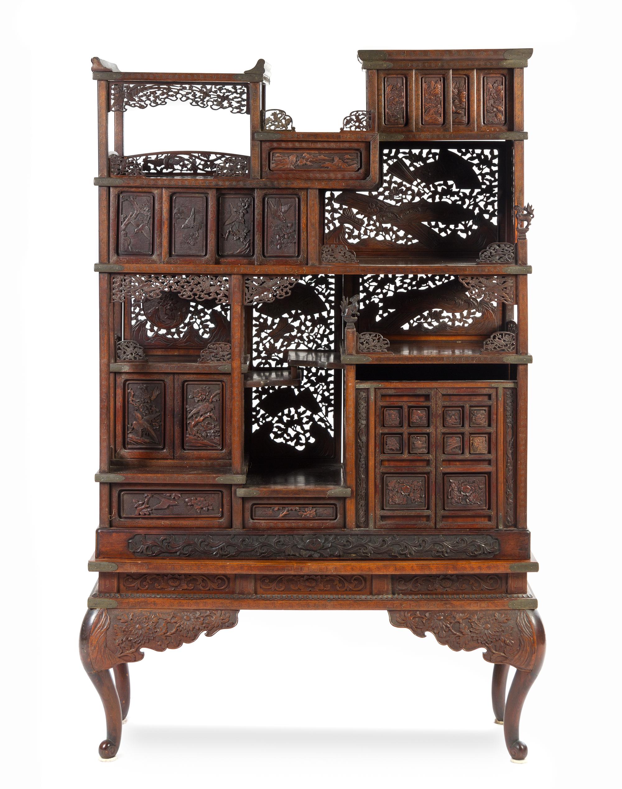 A Chinese Brass Mounted Collector's Cabinet Height 65 3/4 x width 40 x depth 16 1/2 inches.