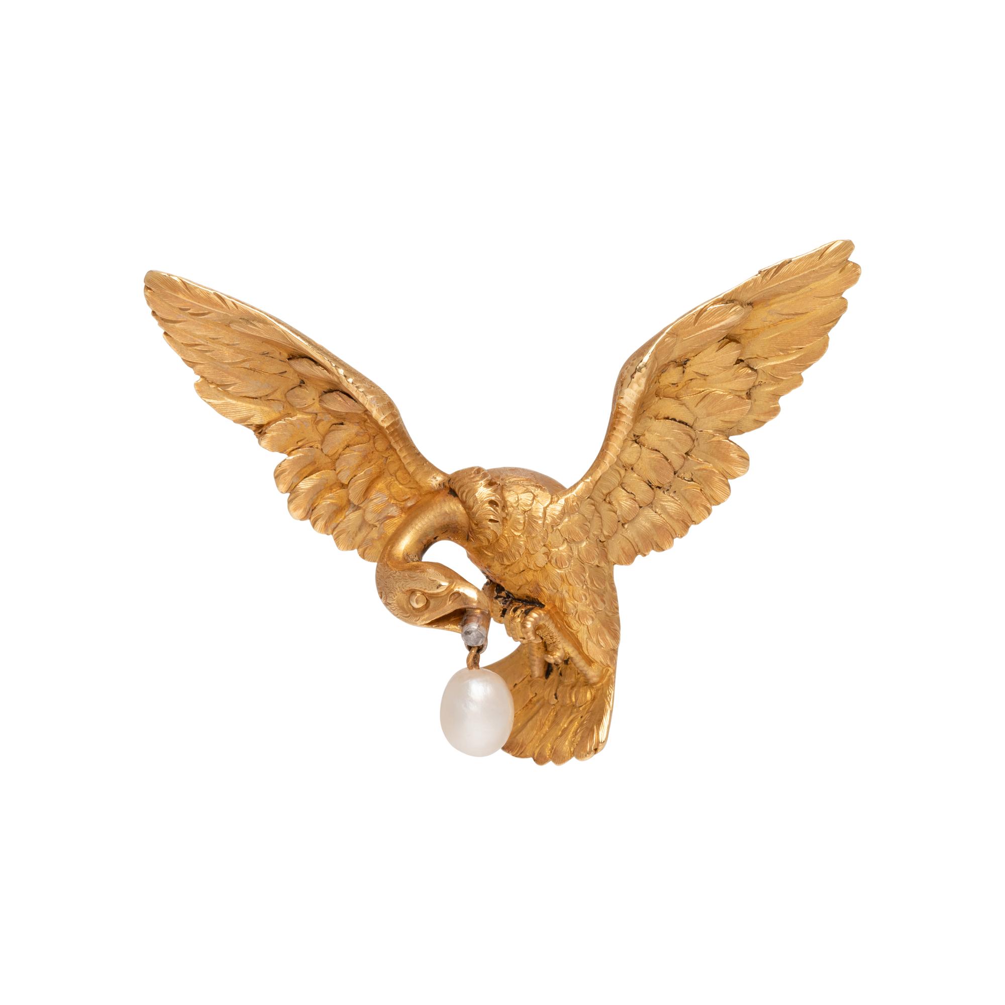 FRENCH, ANTIQUE, YELLOW GOLD AND PEARL VULTURE PENDANT/BROOCH