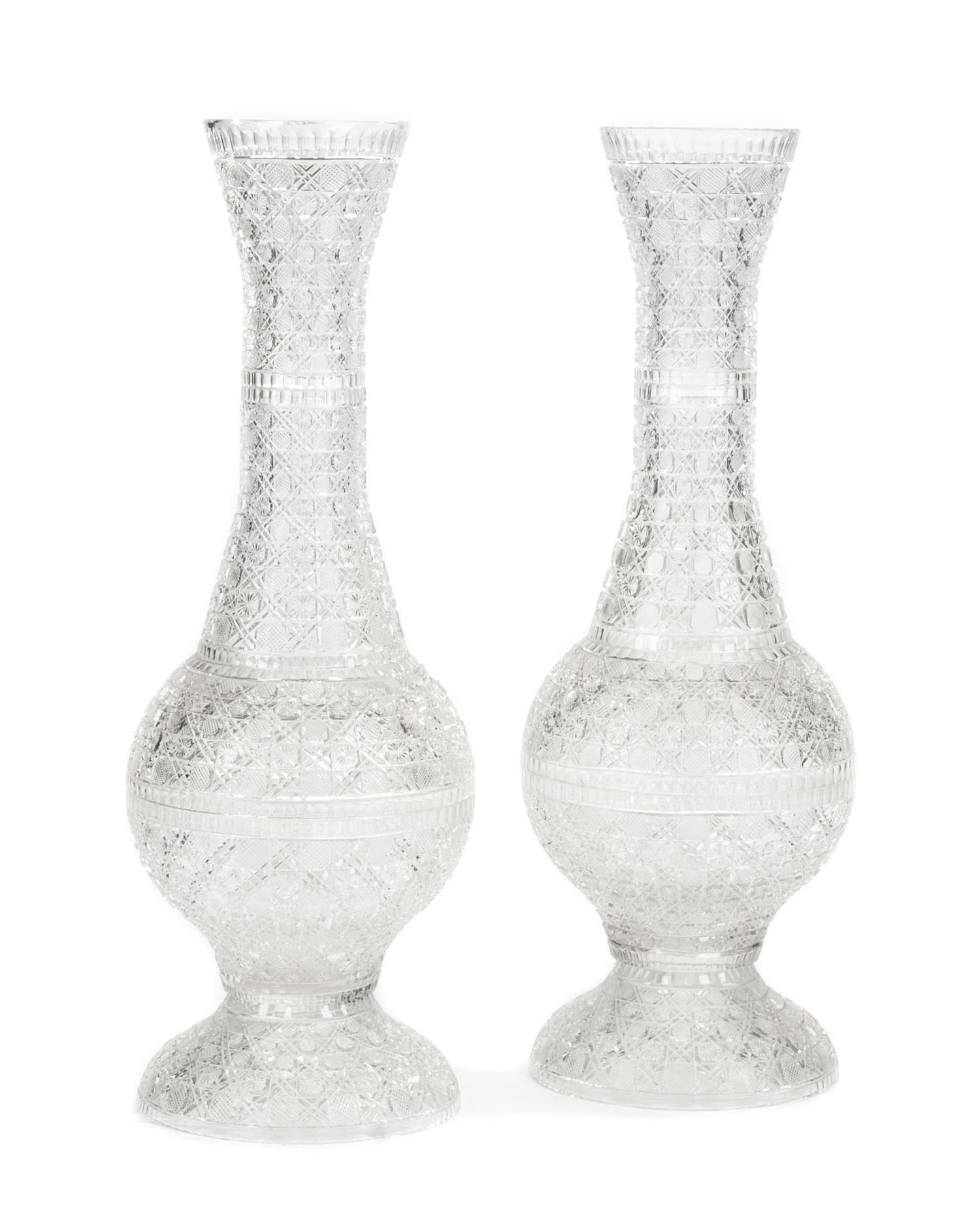 A Pair of Large Cut Glass Vases Height 36 1/4 inches.