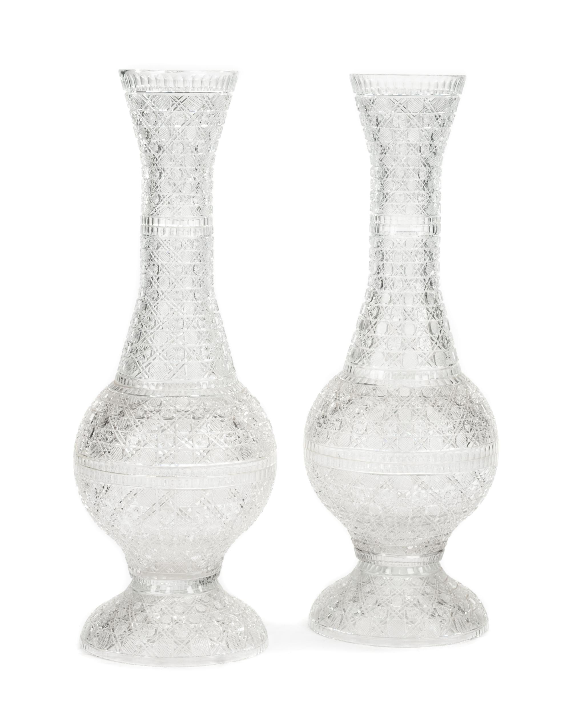 A Pair of Large Cut Glass Vases Height 36 1/4 inches.