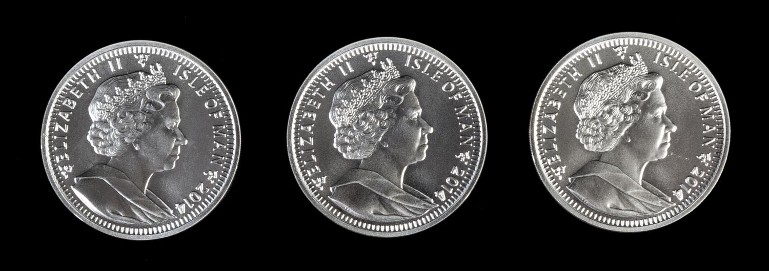 A Group of Three Isle of Man: Pobjoy Mint Angel 1 Ounce Silver Rounds