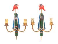 A Pair of French Tole Peinte Phrygian Cap Two-Light Sconces