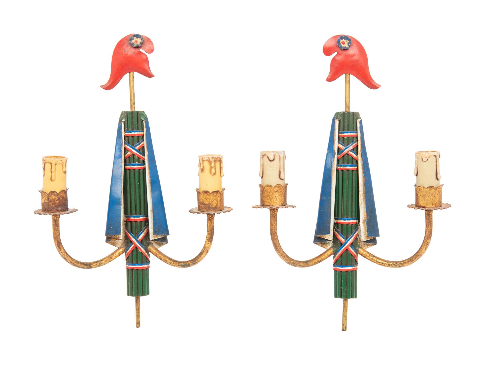 A Pair of French Tole Peinte Phrygian Cap Two-Light Sconces