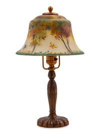 A Pairpoint Reverse-Painted Brass and Glass Table Lamp