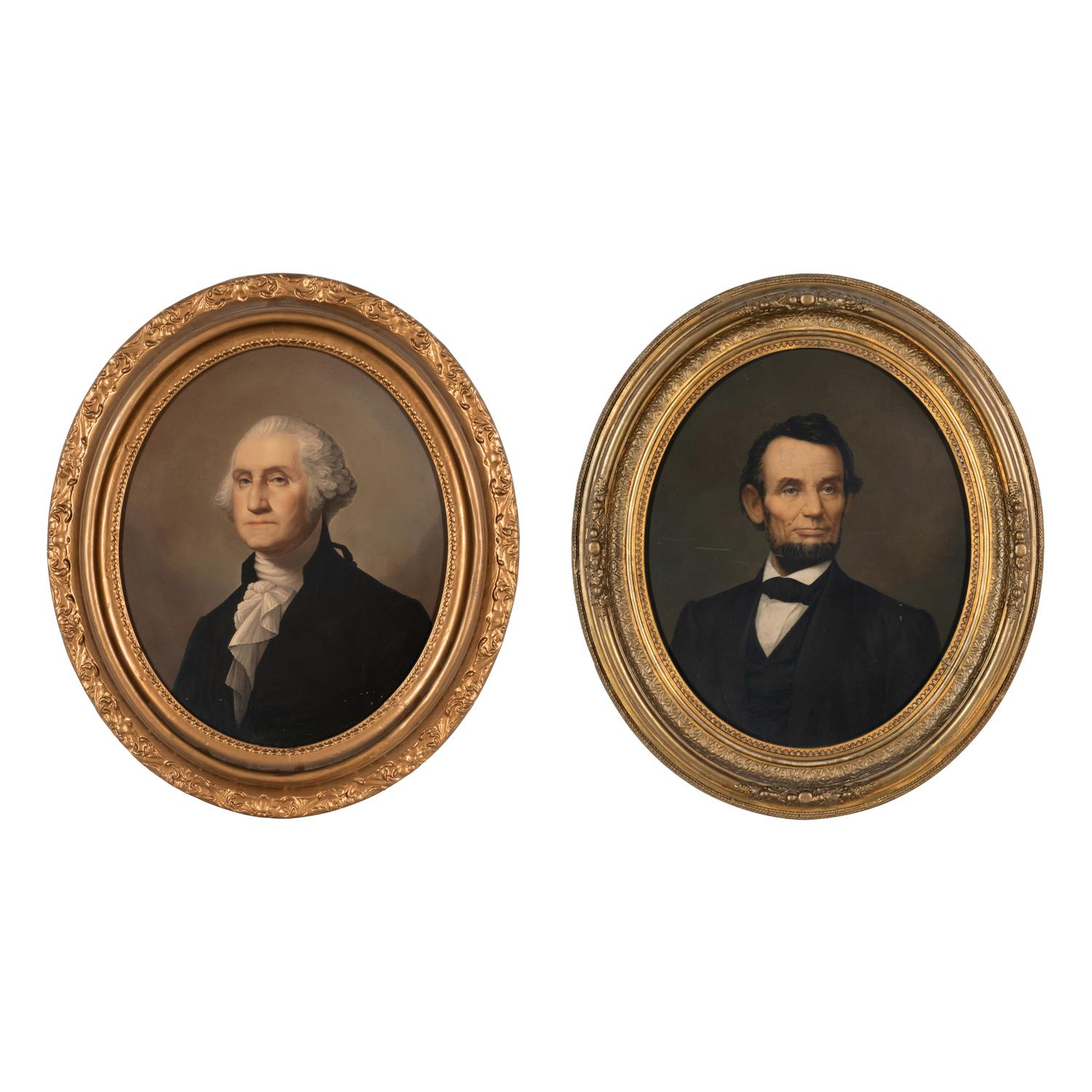 Elijah C. Middleton (American, 1818-1883) Portraits of George Washington and Abraham Lincoln , 1864 Chromolithographic oval portraits on canvas-backed paper