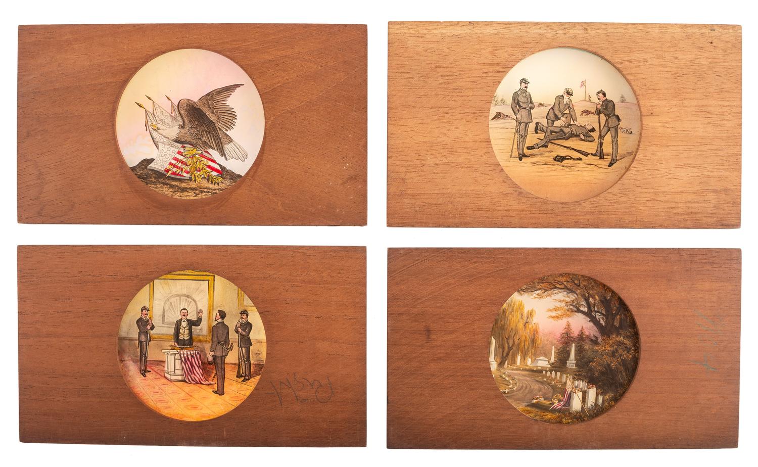 [CIVIL WAR - MAGIC LANTERN SLIDES]. A large collection of 200+ assorted glass slides featuring illustrated historical scenes and artistic images, including: