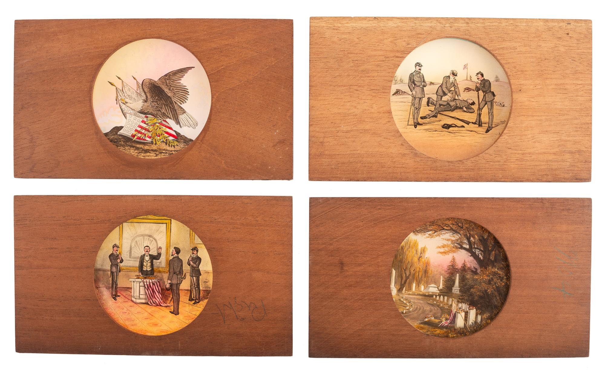 [CIVIL WAR - MAGIC LANTERN SLIDES]. A large collection of 200+ assorted glass slides featuring illustrated historical scenes and artistic images, including: