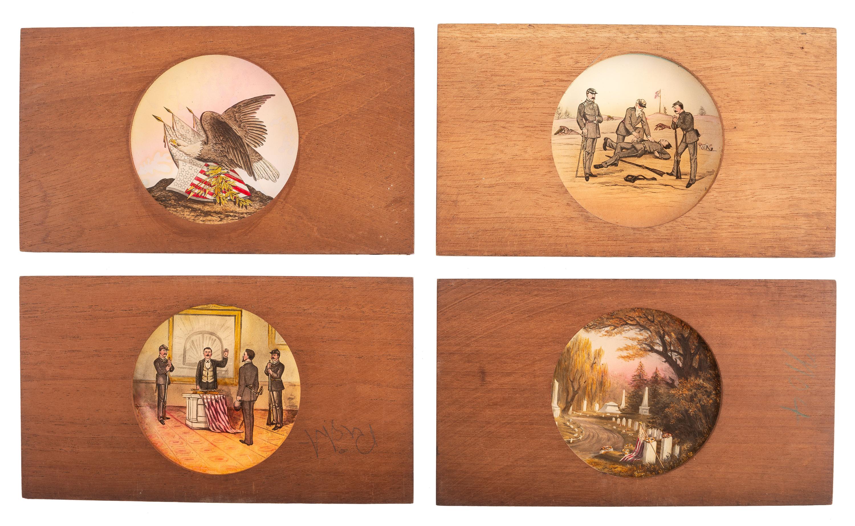 [CIVIL WAR - MAGIC LANTERN SLIDES]. A large collection of 200+ assorted glass slides featuring illustrated historical scenes and artistic images, including: