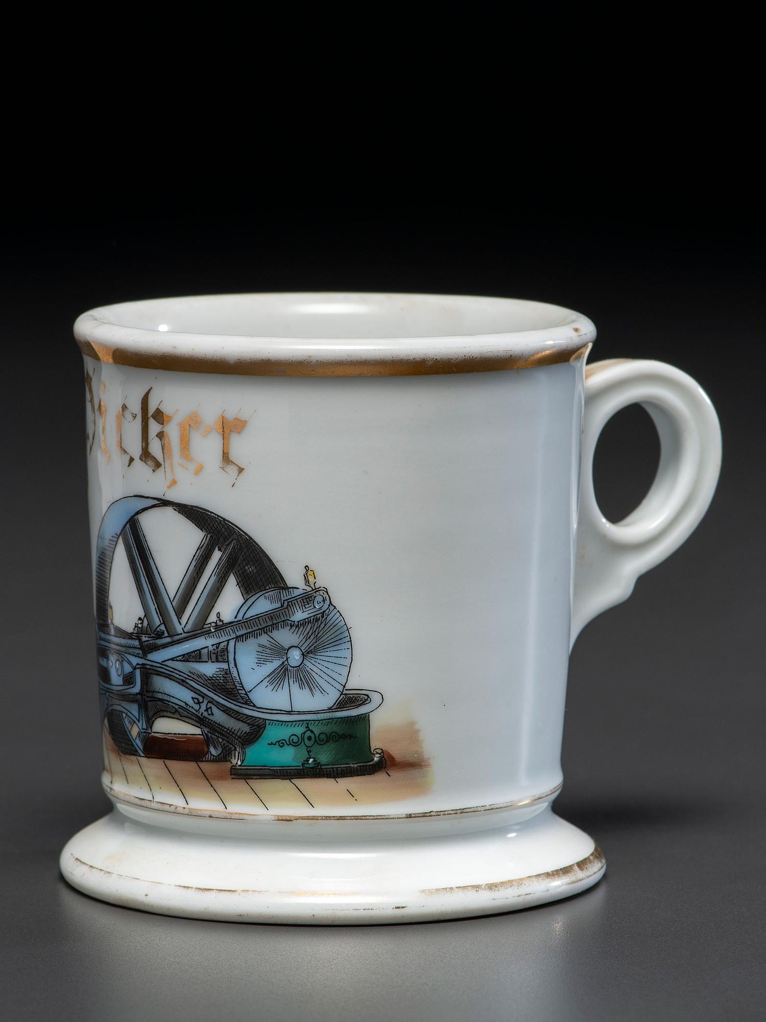 A Porcelain Occupational Shaving Mug Depicting a Steam Engine