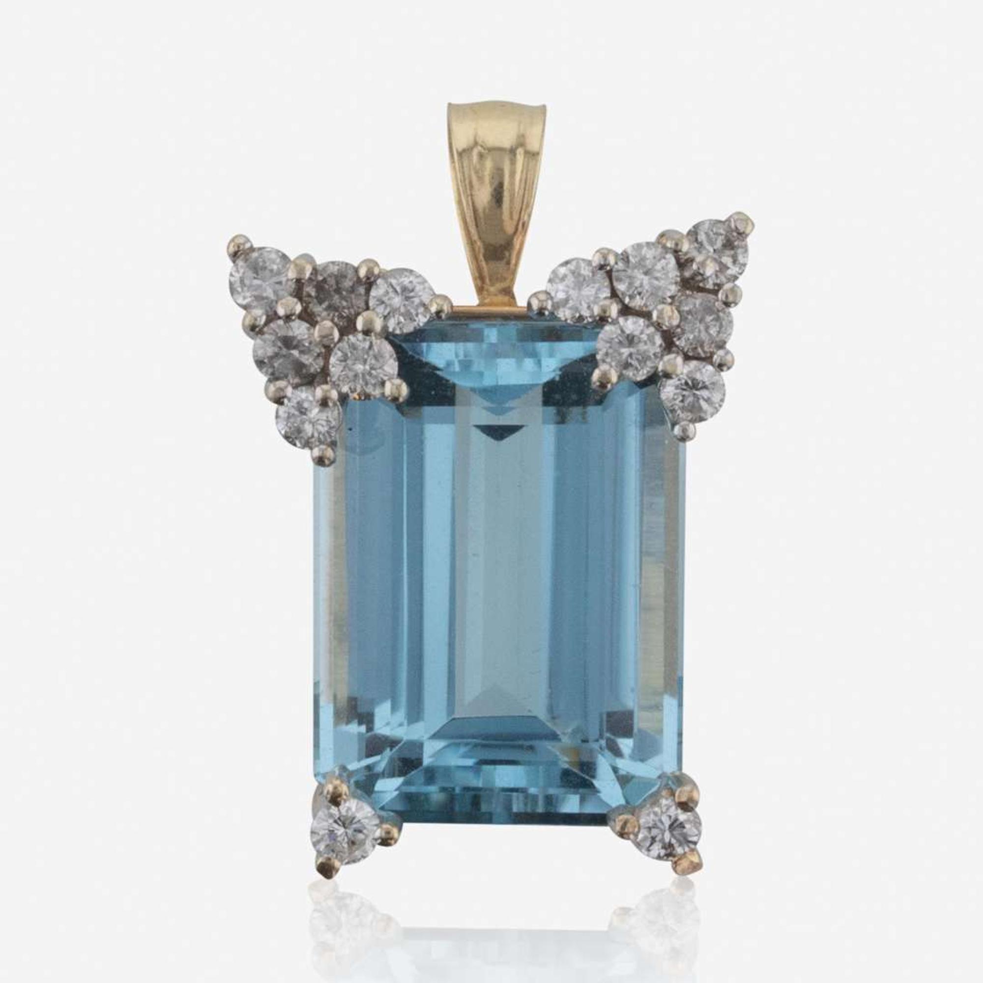 A 10K Yellow Gold, Aquamarine, and Diamond Pendant