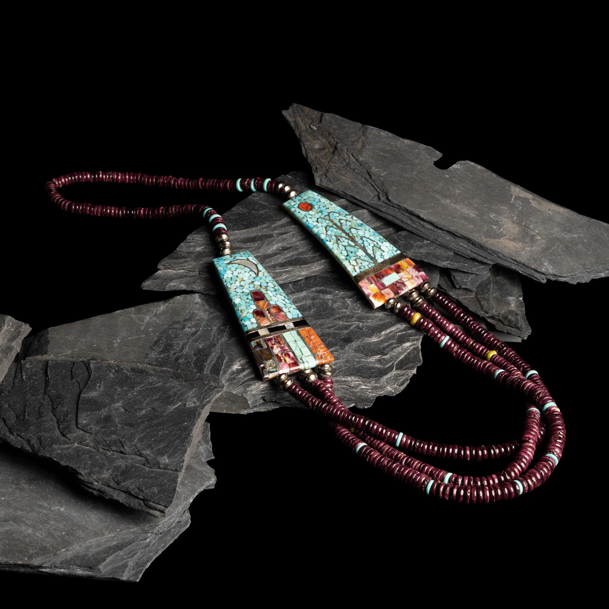 Mary Coriz Lovato (Kewa, 1936-2024) — Multi-strand Spiny Oyster Necklace, with Mosaic Inlay Accents, 2013