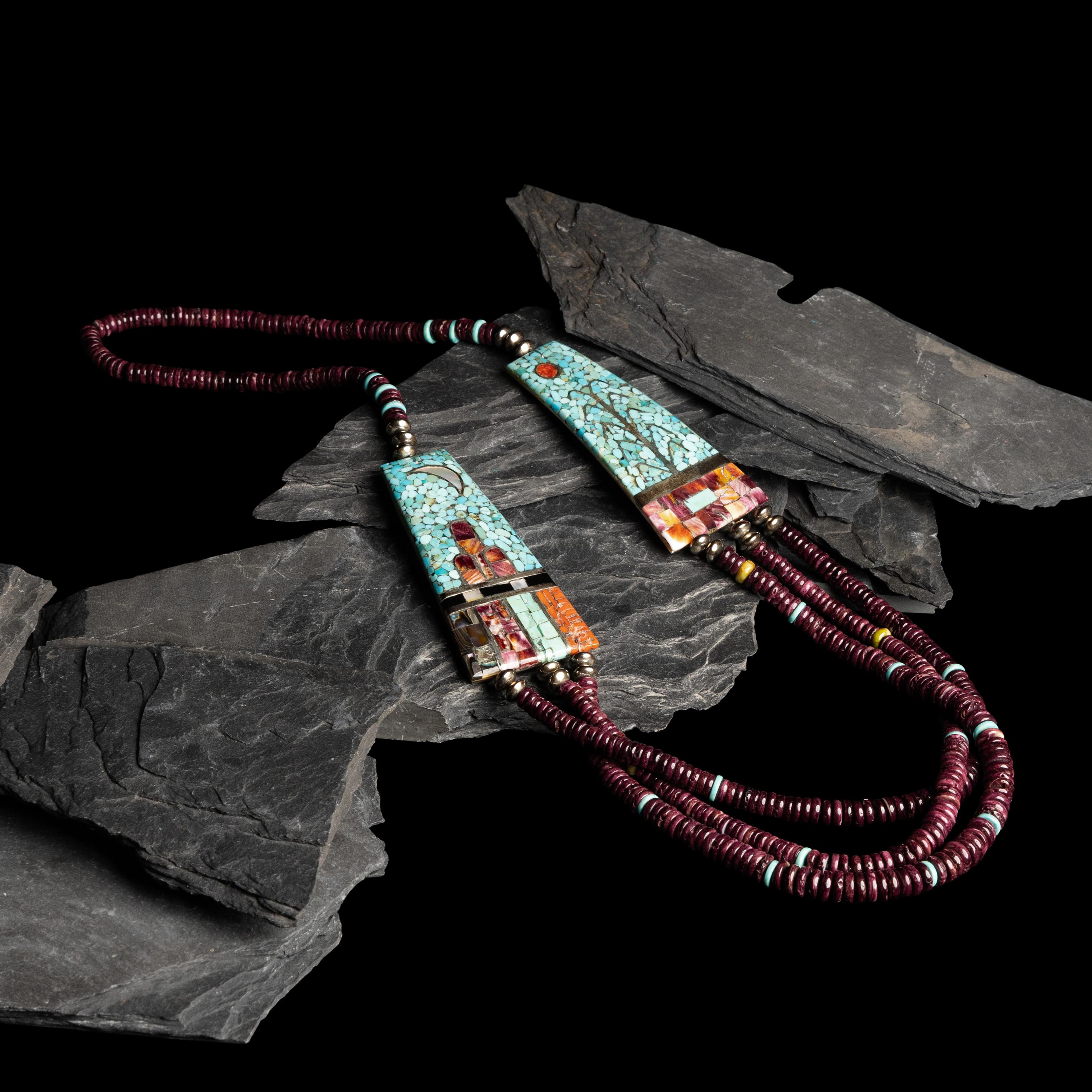 Mary Coriz Lovato (Kewa, 1936-2024) — Multi-strand Spiny Oyster Necklace, with Mosaic Inlay Accents, 2013