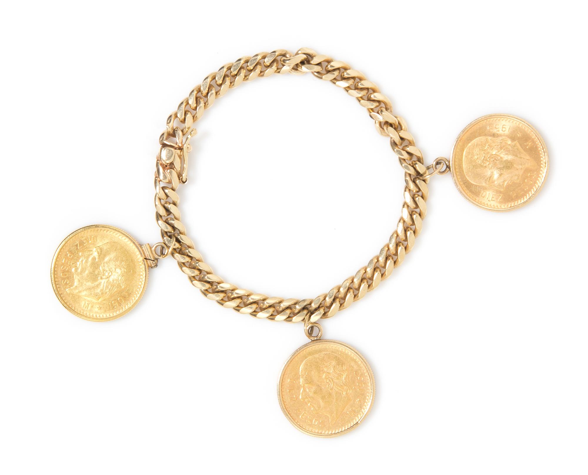A 14 Karat Yellow Gold Charm Bracelet with Three Attached 10 Peso Coin Charms, 33.50 dwts.