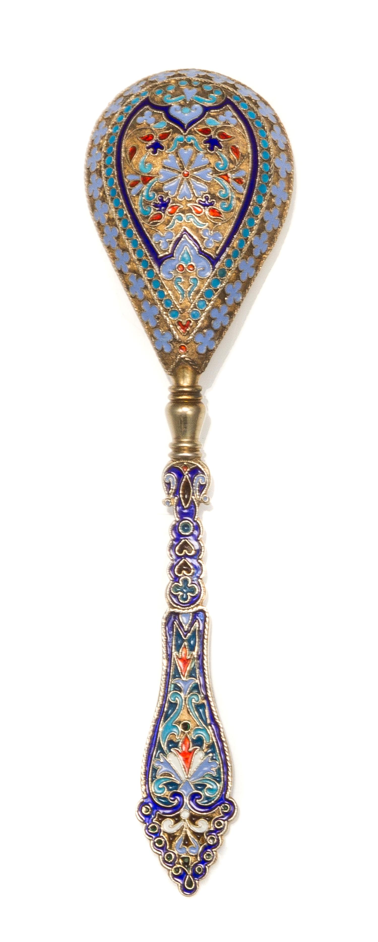 A Russian Silver-Gilt and Enamel Spoon, Mark of Ivan Khlebnikov with Imperial warrant, assay mark of A. Romanov, Moscow, 1889, the hand