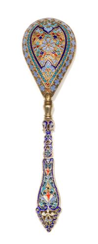 A Russian Silver-Gilt and Enamel Spoon, Mark of Ivan Khlebnikov with Imperial warrant, assay mark of A. Romanov, Moscow, 1889, the hand