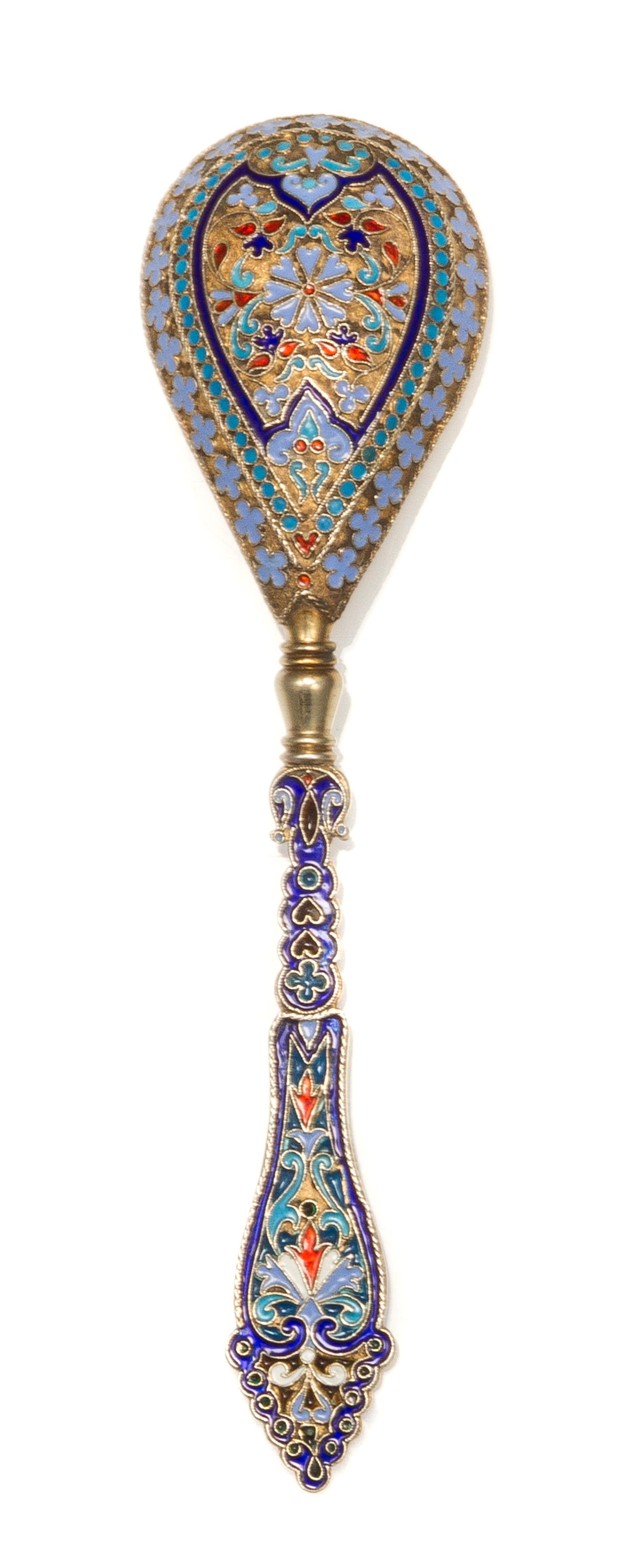 A Russian Silver-Gilt and Enamel Spoon, Mark of Ivan Khlebnikov with Imperial warrant, assay mark of A. Romanov, Moscow, 1889, the hand